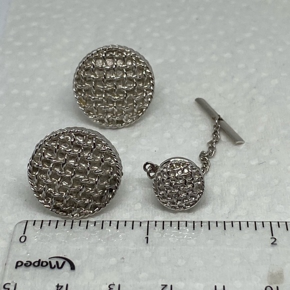 TEXTURED round cufflinks set silver toned classic - Picture 6 of 6